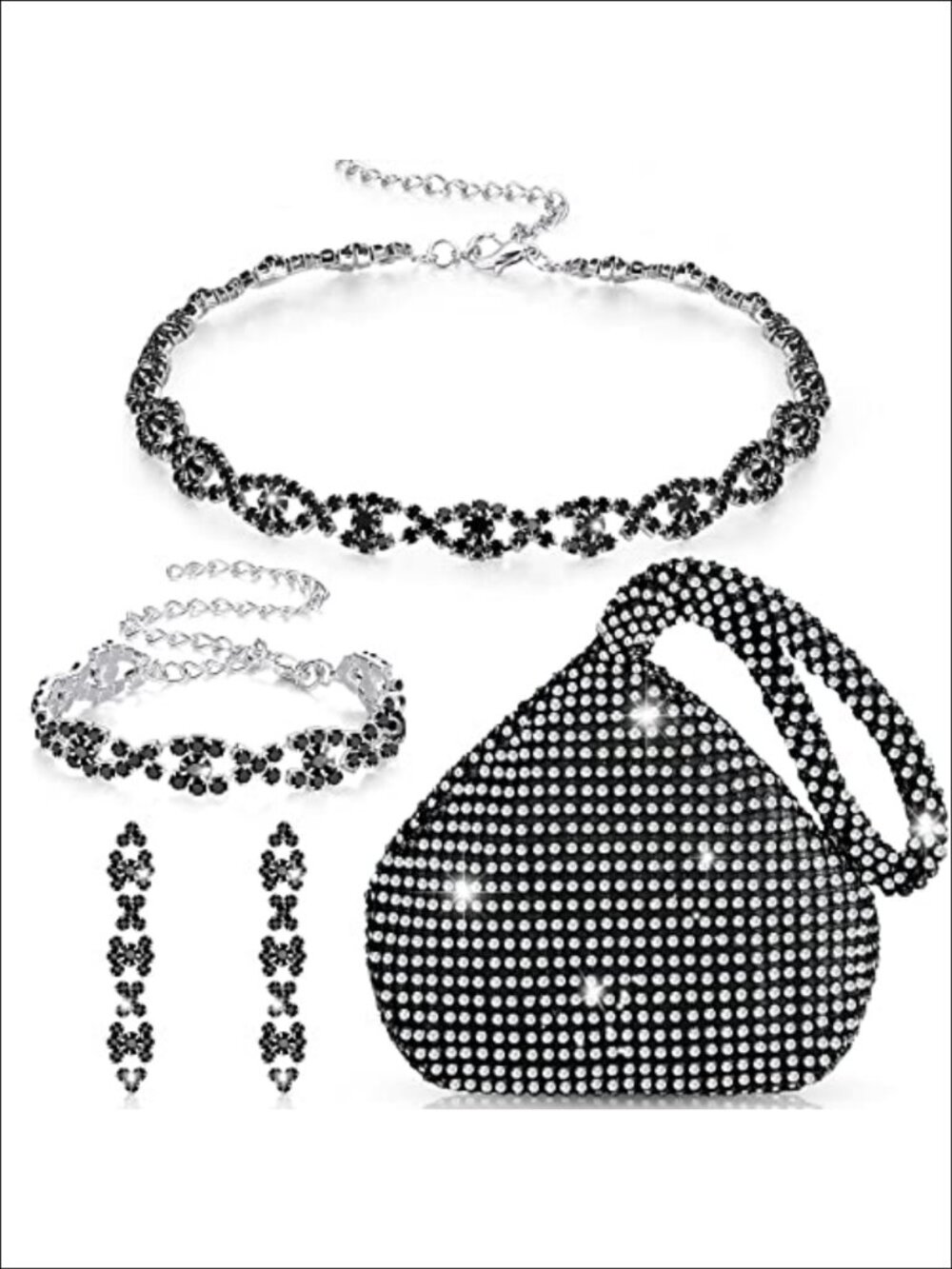 Rhinestone Jewelry Set 4 Piece Necklace Bracelet Earrings Clutch Purse Wedding